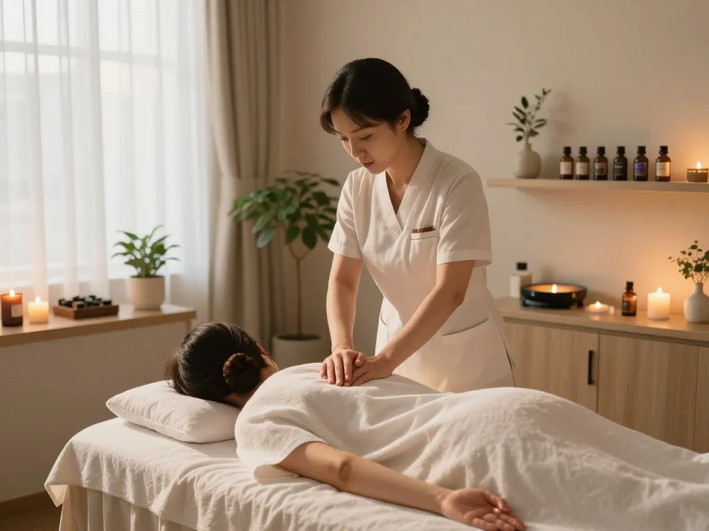 Indulging in 동대문스웨디시 massage therapy in a serene spa environment with warm light and calming decor.