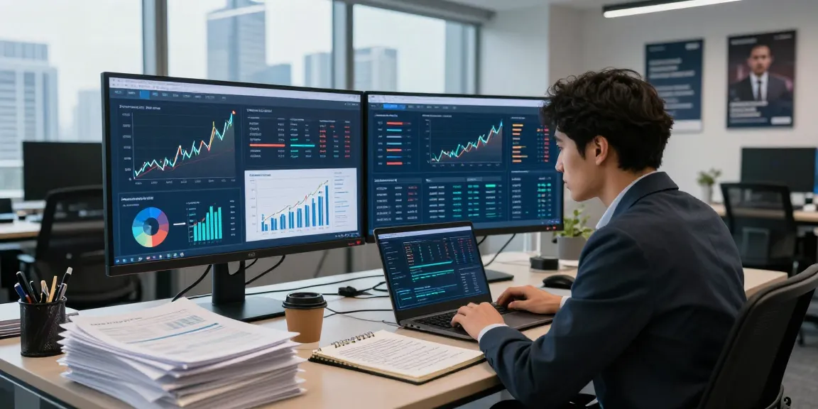Financial crime intelligence analysis in a modern office with data reports and analysis tools.