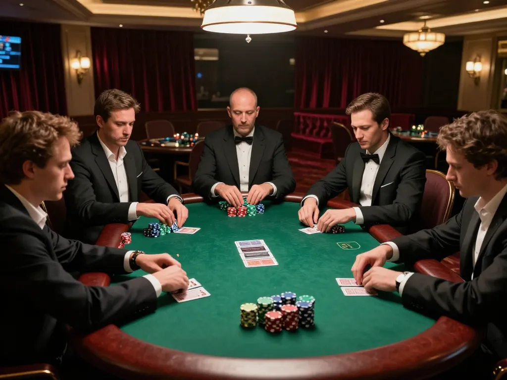 Players strategizing in a high-stakes poker game at 98win casino table.