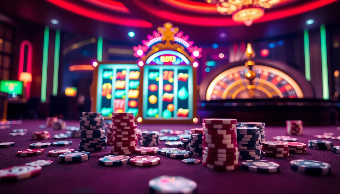 Engage with slot demo scatter hitam at an exciting casino table featuring vibrant machines and poker chips.