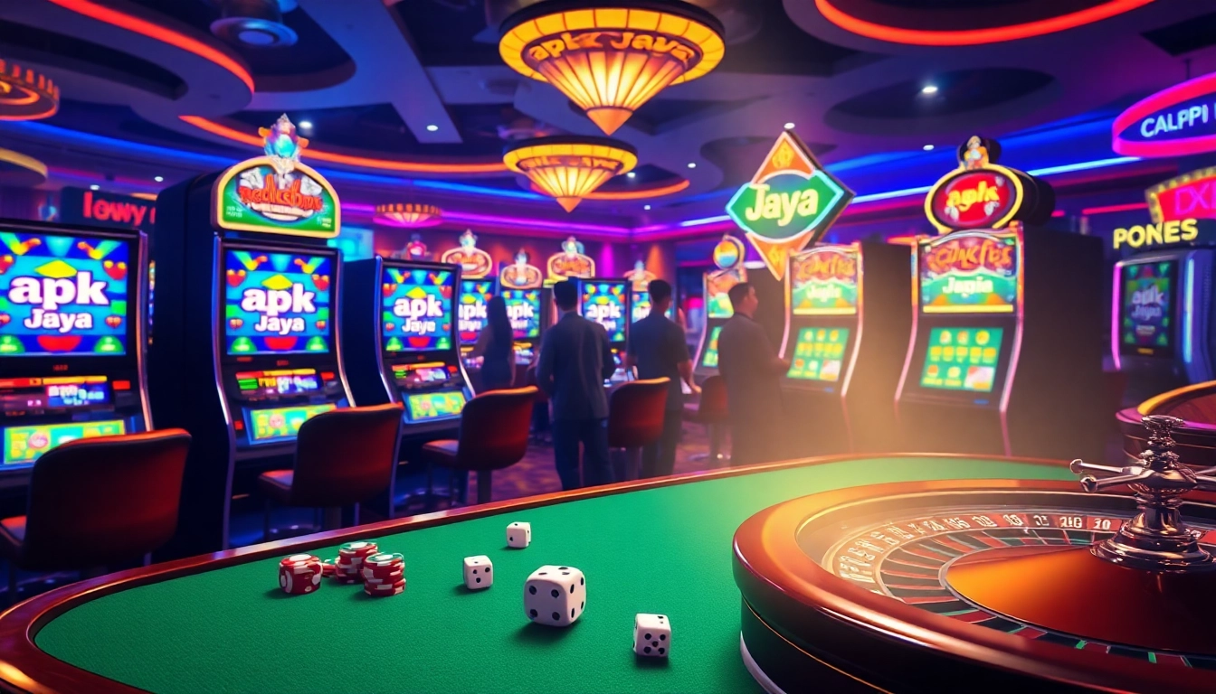 Players winning at slot machines in a vibrant casino setting, featuring apk jaya branding.