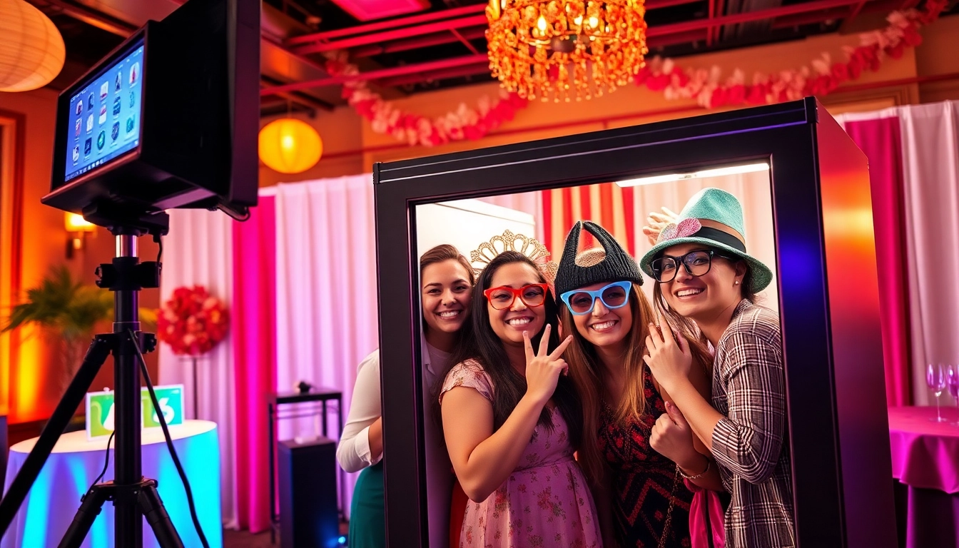 Experience the joy of a photo booth chicago at a lively event with friends posing and bright decorations.