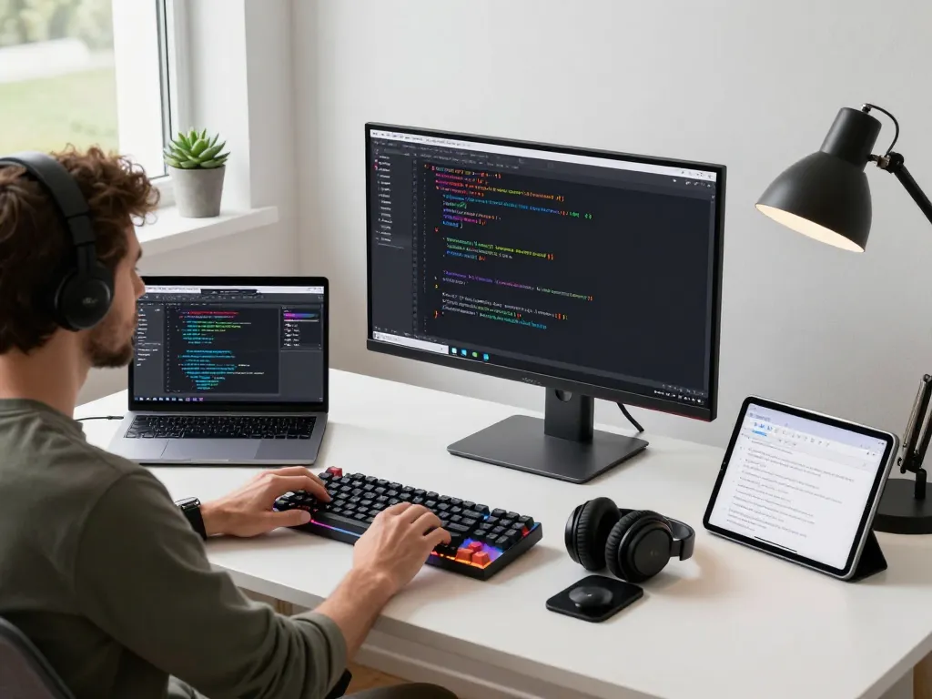 Developer coding with Moltbot AI on a Mac in a modern home office.
