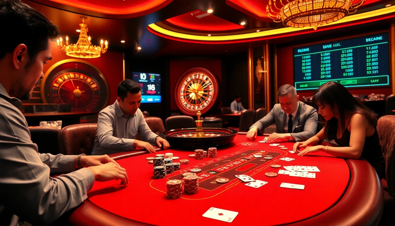 Players strategizing at a BJ38 online gambling table amidst lively casino ambiance.