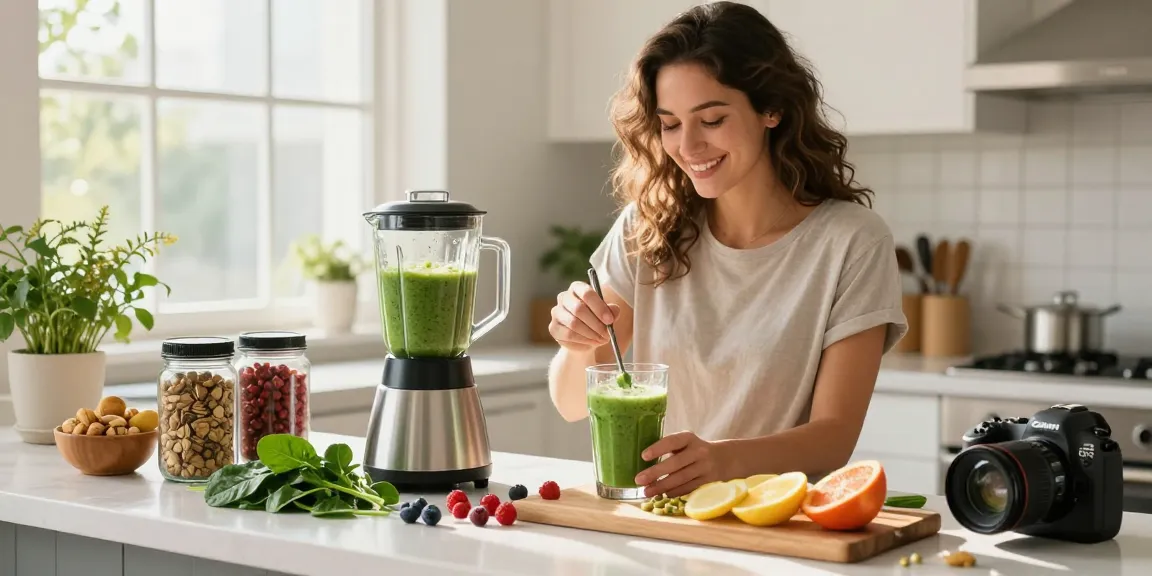 Woman blending antioxidant supplement Canada with fresh fruits in a bright kitchen, promoting healthy living.