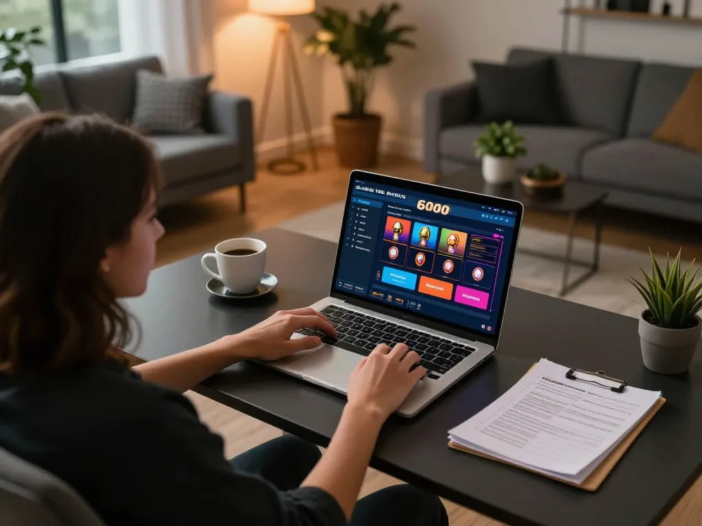 Engaging gameplay on slot6000 with a cozy home office setup promoting responsible gambling