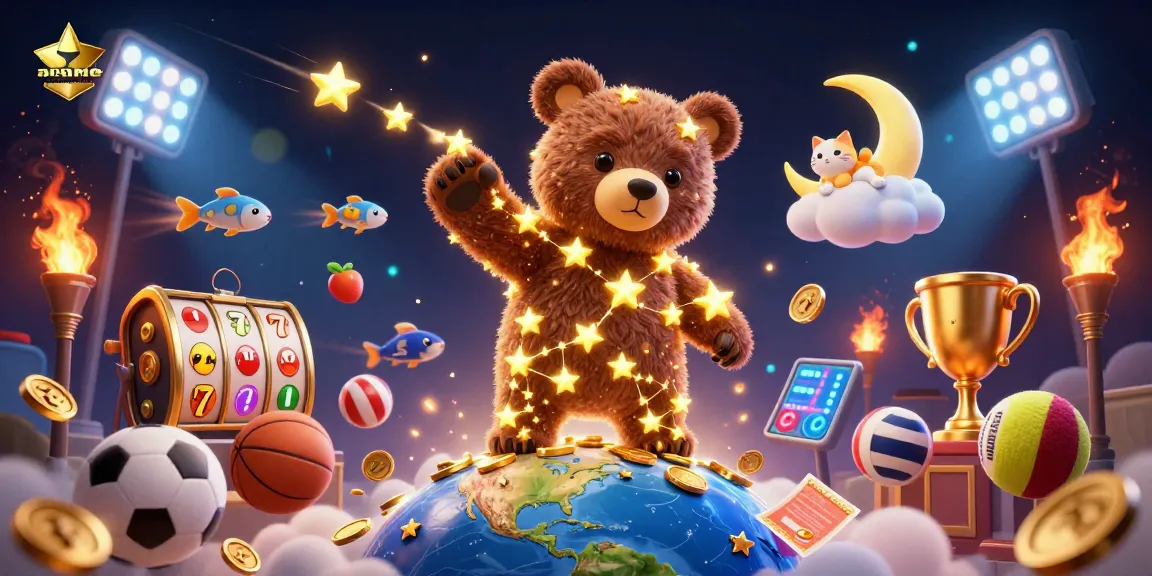 Plongez dans l'univers du casino sans vérification avec un ours constellation en étoiles dorées et des éléments de jeu captivants.
