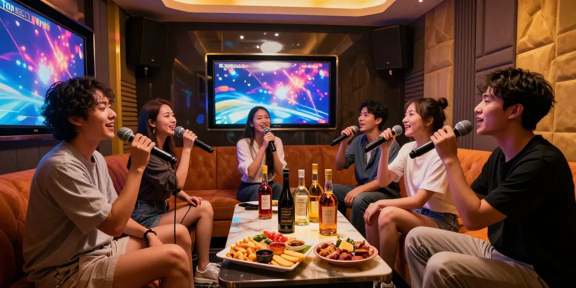 강남가라오케에서 프라이빗 룸에서 친구들과 노래를 즐기는 모습, 고급 음료와 스낵 플래터가 테이블 위에 놓여 있습니다.