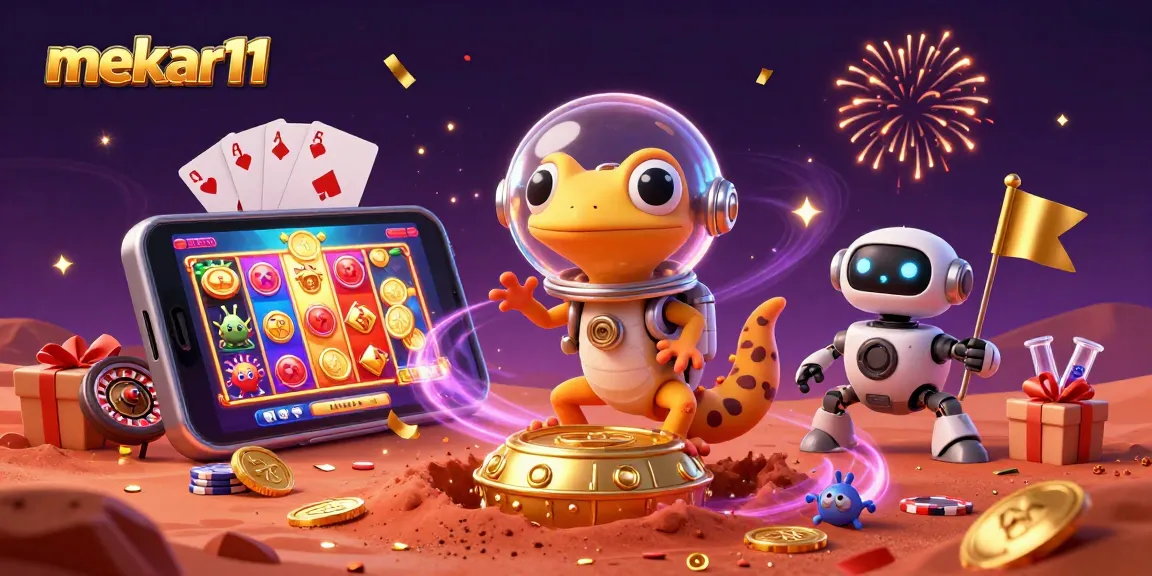Mekar11 showcases a Martian gecko exploring a golden casino, surrounded by slot games
