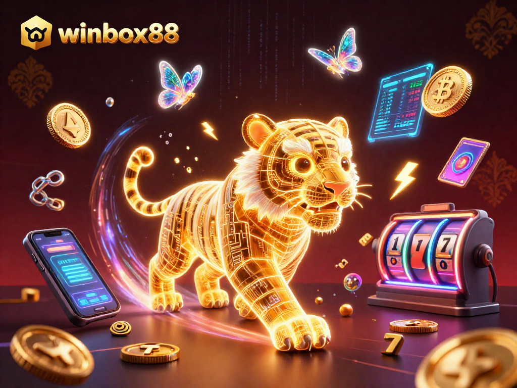 Experience winbox88 with a vibrant casino scene featuring a golden tiger and crypto elements.