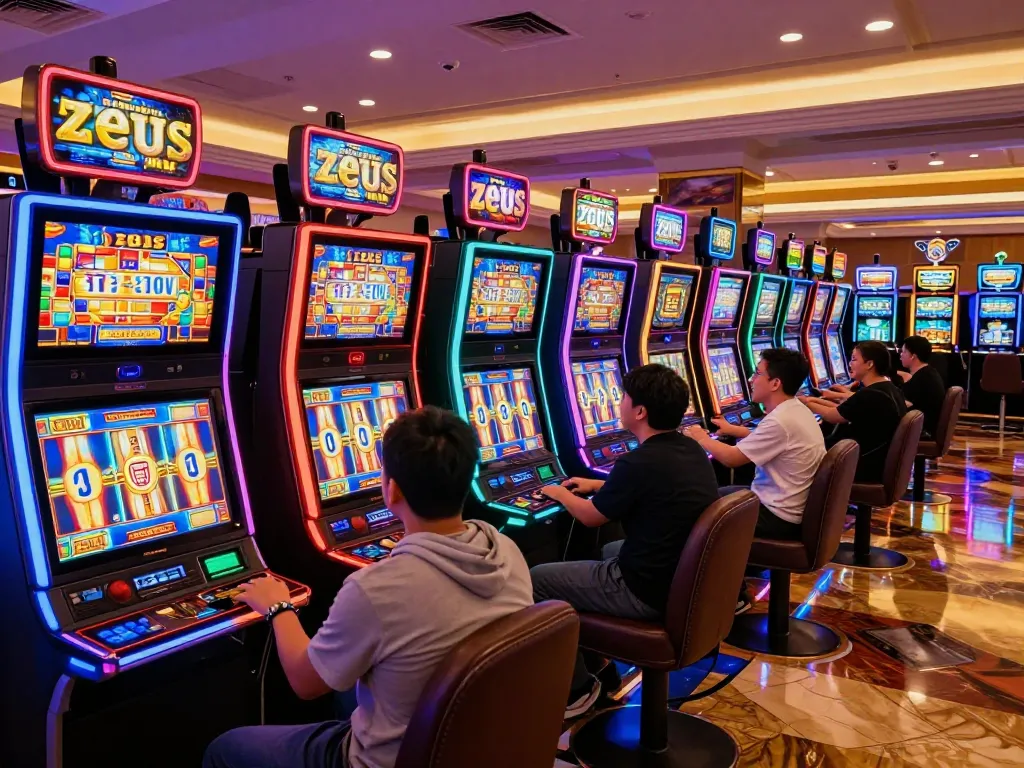 Permainan yang menarik pada mesin slot zeus di lingkungan kasino yang berwarna-warni menonjolkan kesenangan dan antisipasi.