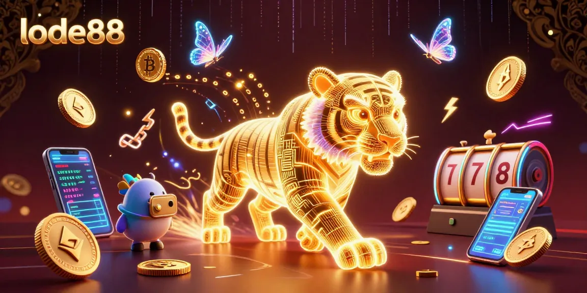 Engage with lode88's vibrant digital casino scene featuring a golden tiger and crypto symbols.