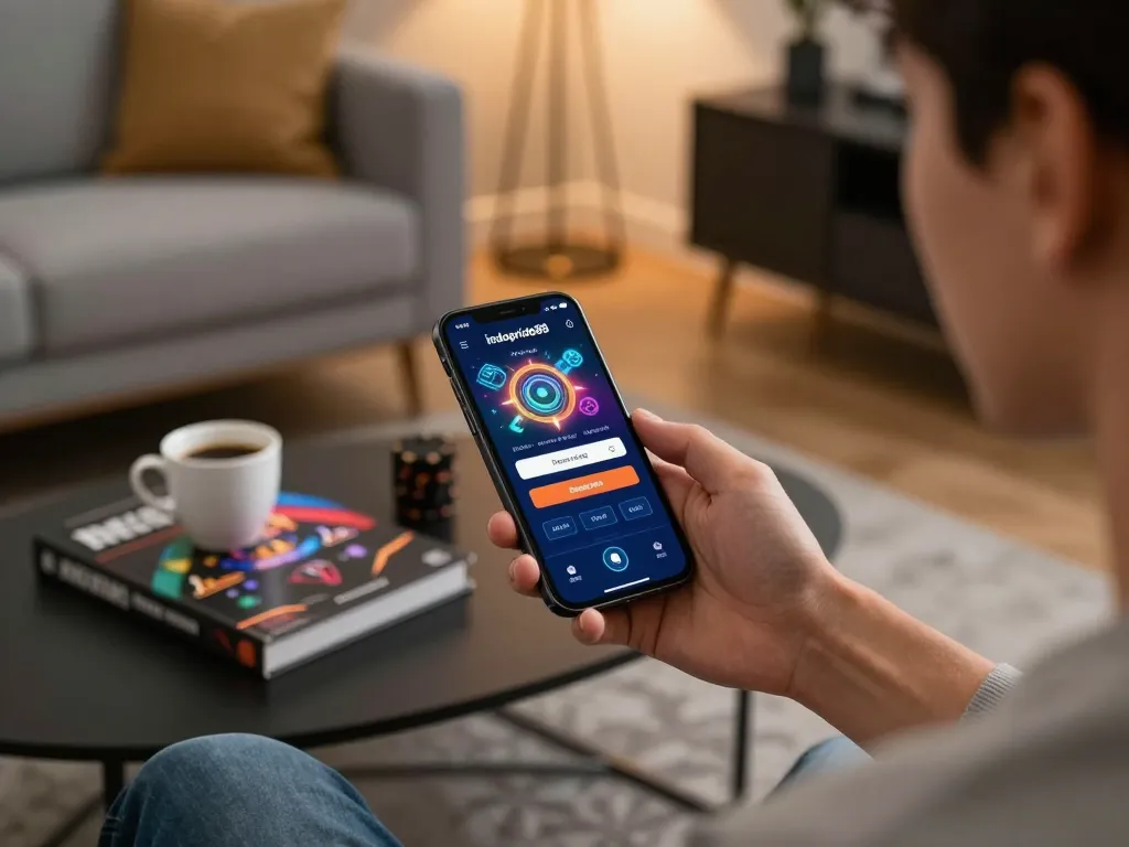 Engaging in indopride88 login for online gambling, showcasing a stylish home setup with a smartphone.