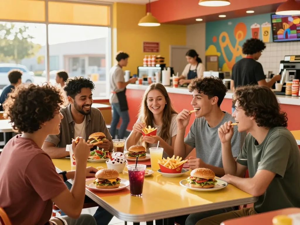 Friends savoring a diverse fast food menu in a busy restaurant