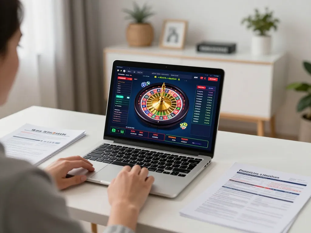Person playing live dealer games on 888now com while analyzing betting strategies in a cozy home office