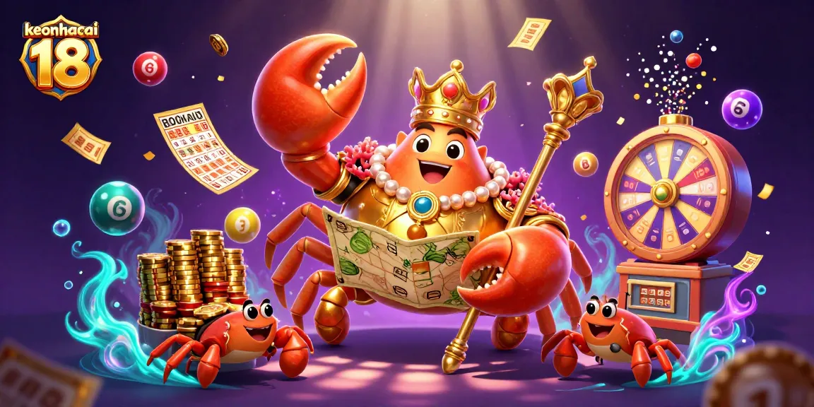 Catch the excitement of keonhacai 18 with an energetic scene featuring the golden crab emperor and vibrant game elements.