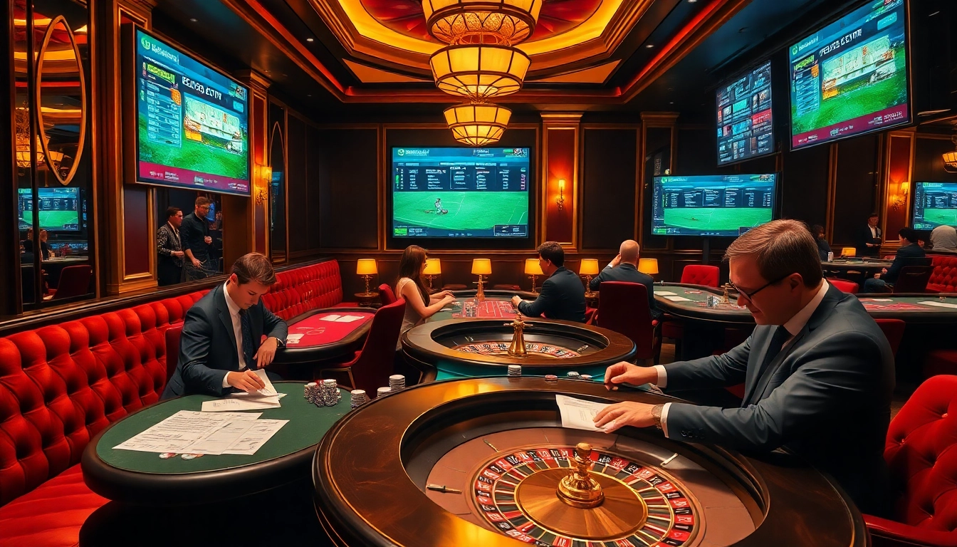 Experience high-stakes betting at vaoluoitv with elegant poker tables and live sports displays.