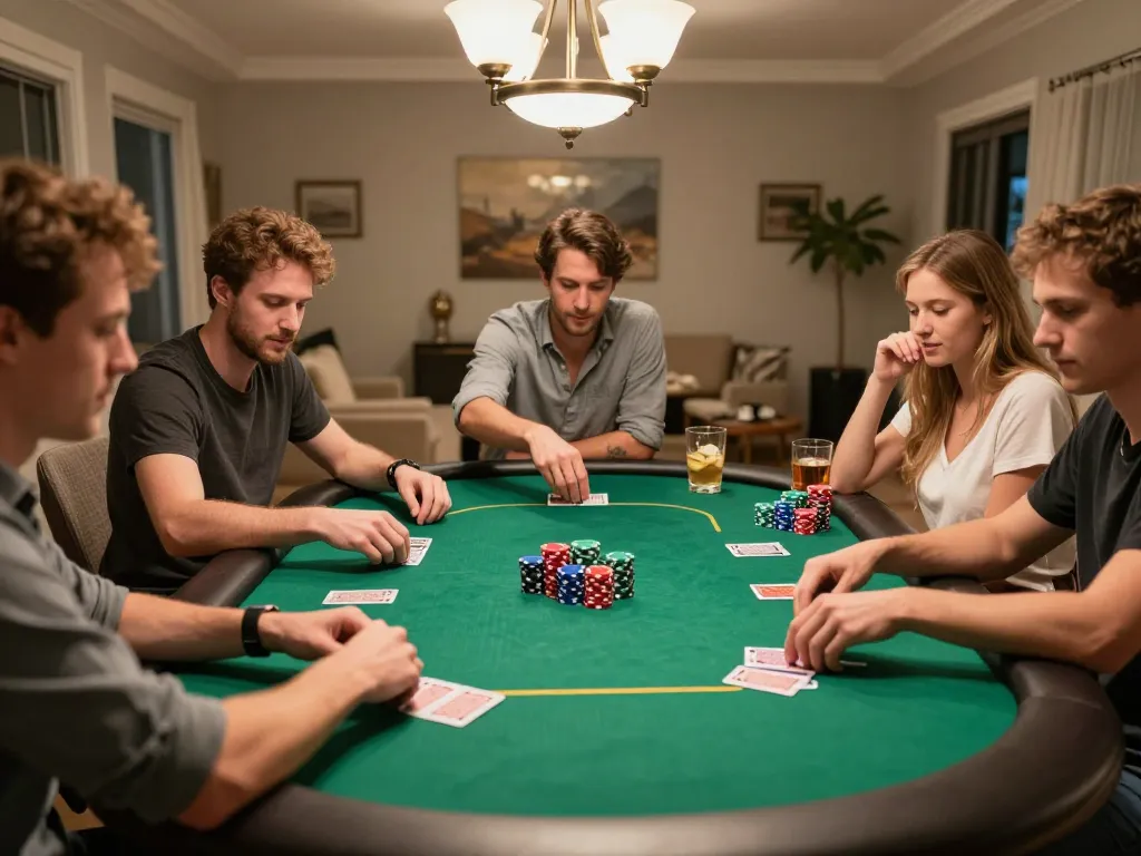 Engaging poker game at home featuring friends playing and enjoying their time with naga303 slot among colorful chips.
