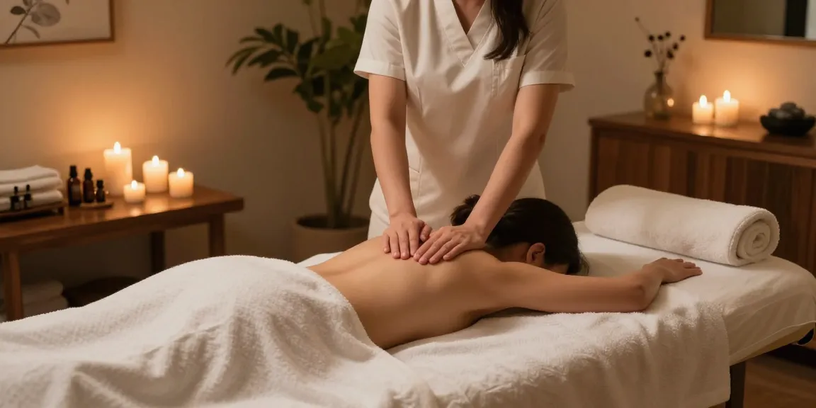 대치동마사지 치료를 위한 편안한 스파 룸, 아로마 오일과 촛불이 있는 세련된 환경