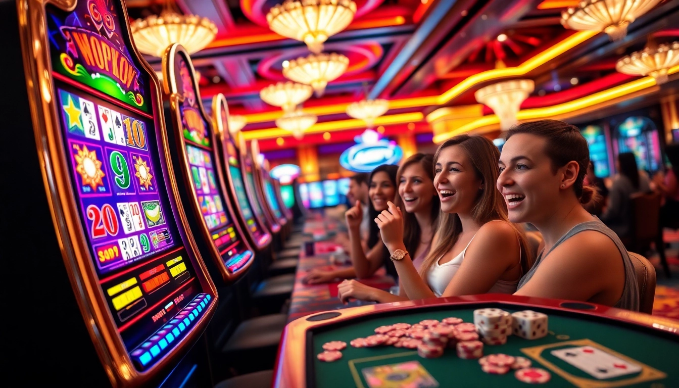 Players engaging in nổ hủ 90 at a slot machine in a vibrant casino setting.