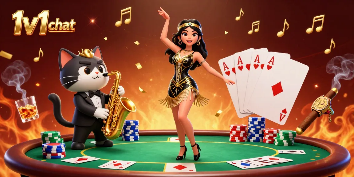 Engage in 1v1 chat amidst vibrant casino elements and colorful poker chips.