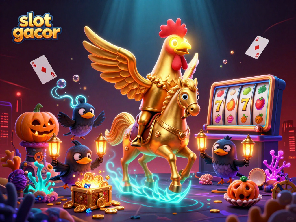 Slot gacor menampilkan gambar 3D roaster emas, kuda hantu, dan elemen kasino lainnya.