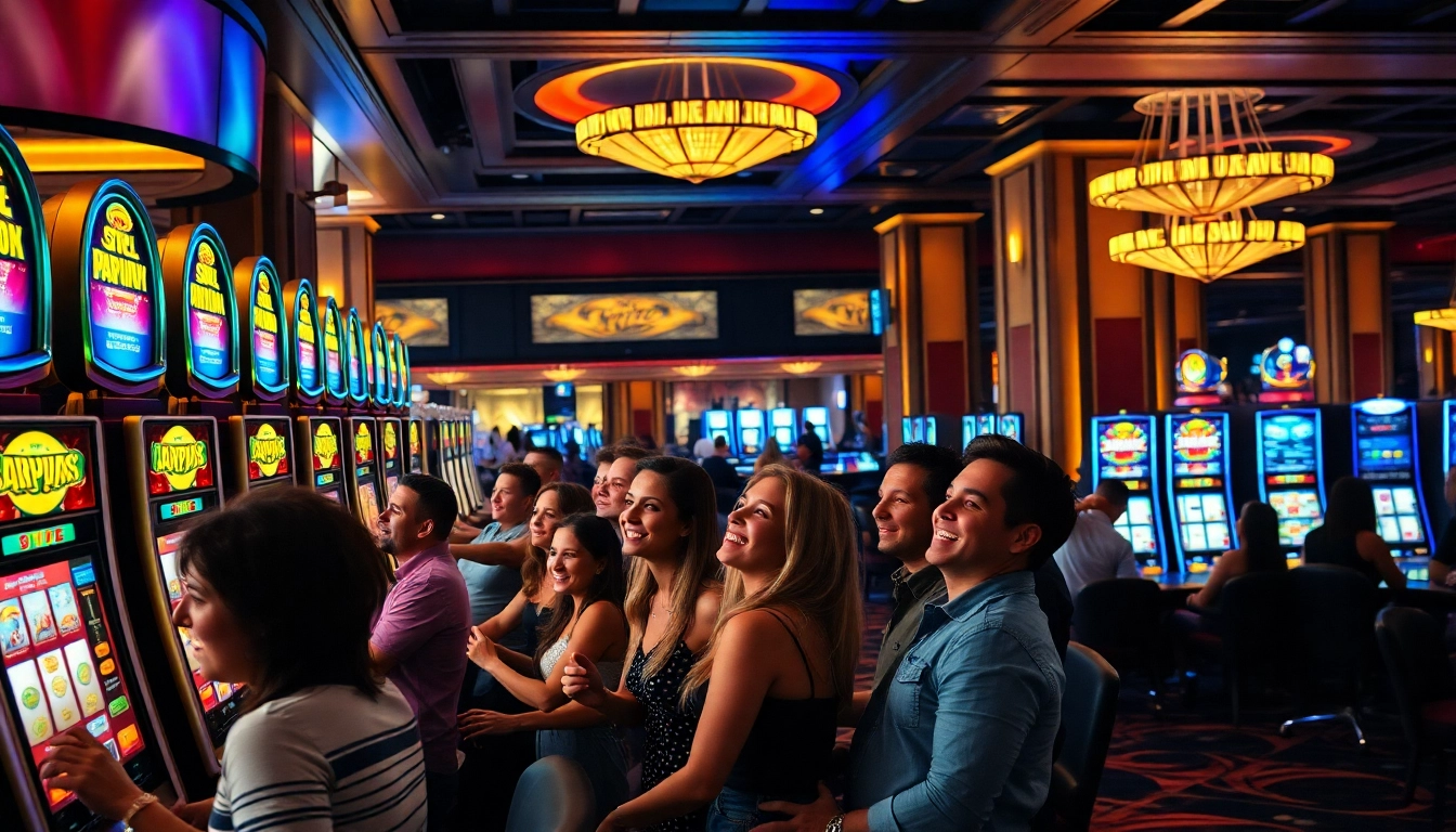 Players engaging with exciting slot machines in a luxurious casino environment.