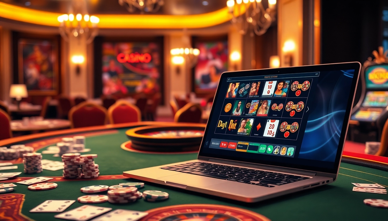 Scène excitante de casino en ligne avec des jetons de poker professionnels, des cartes et une roue de roulette.