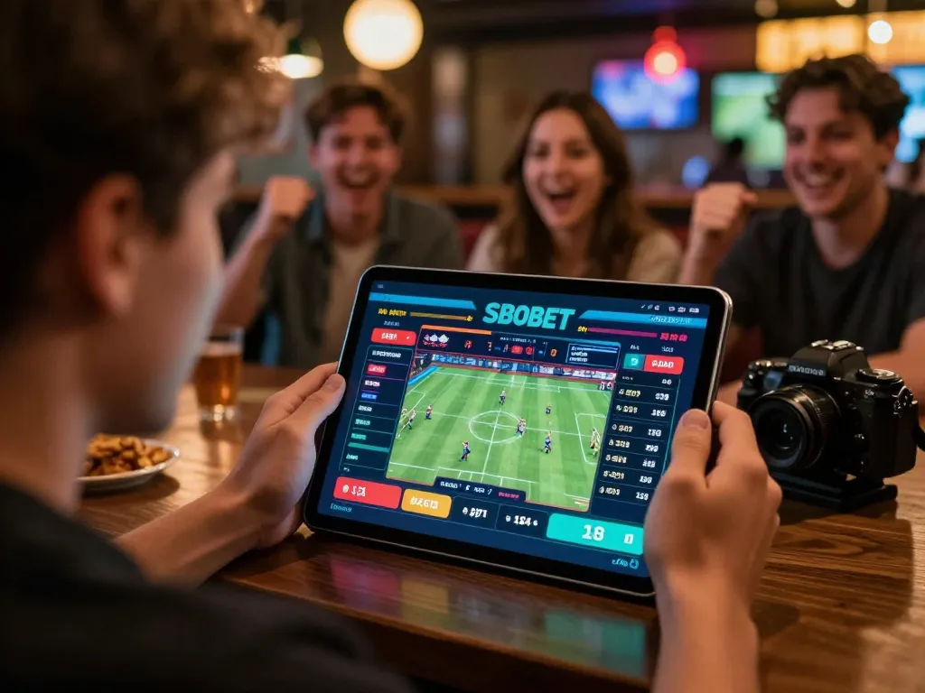 SBOBET user engaged in sports betting on a tablet in a lively environment, capturing the excitement of live gaming.
