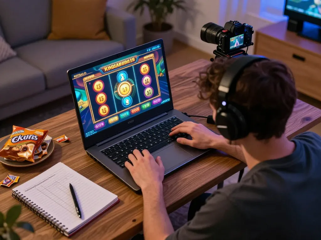 Engaging in a slot game on KINGGARUDA138 from home, showcasing focus and strategy in online gambling.