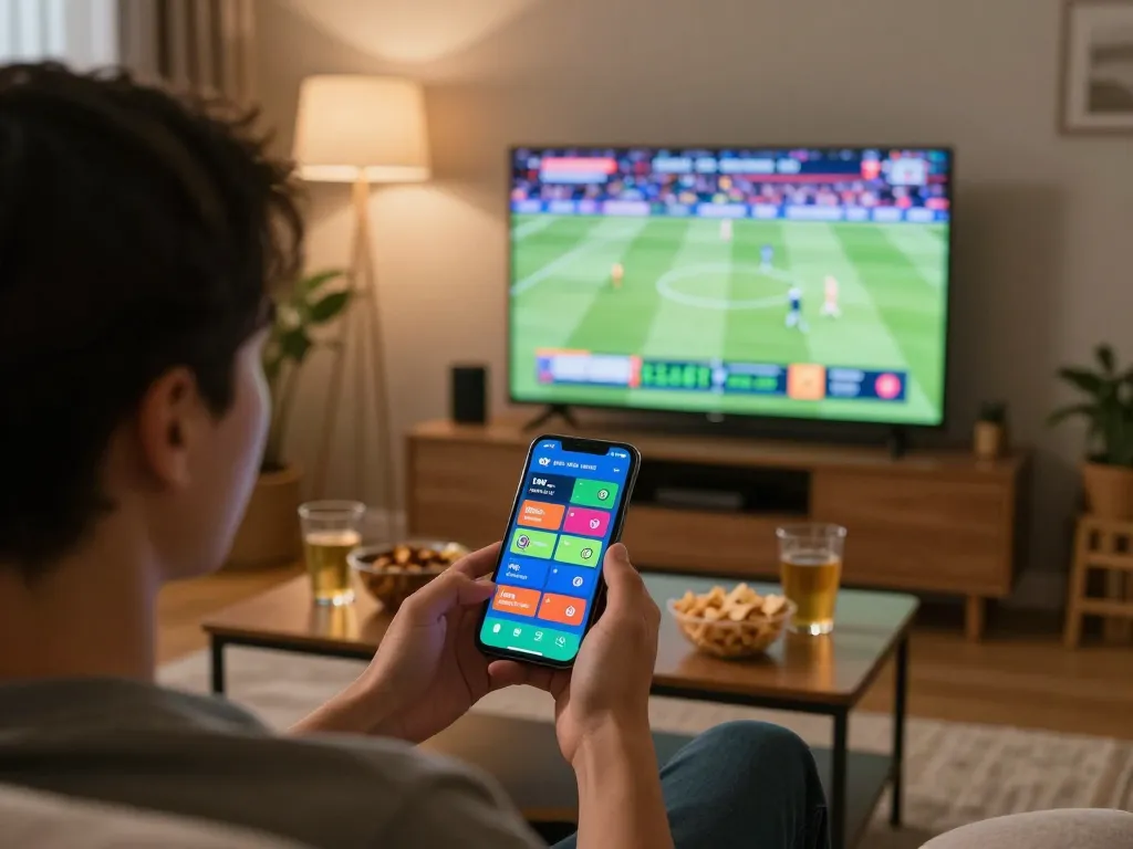 Engaging in sports betting on the app for 56 WIN from a cozy home setting with live game excitement around.
