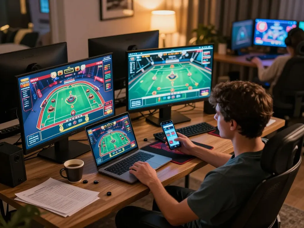 Experience live streaming of trực tiếp bóng đá okwintv in a stylish home gaming setup, focused player engaged in online betting.