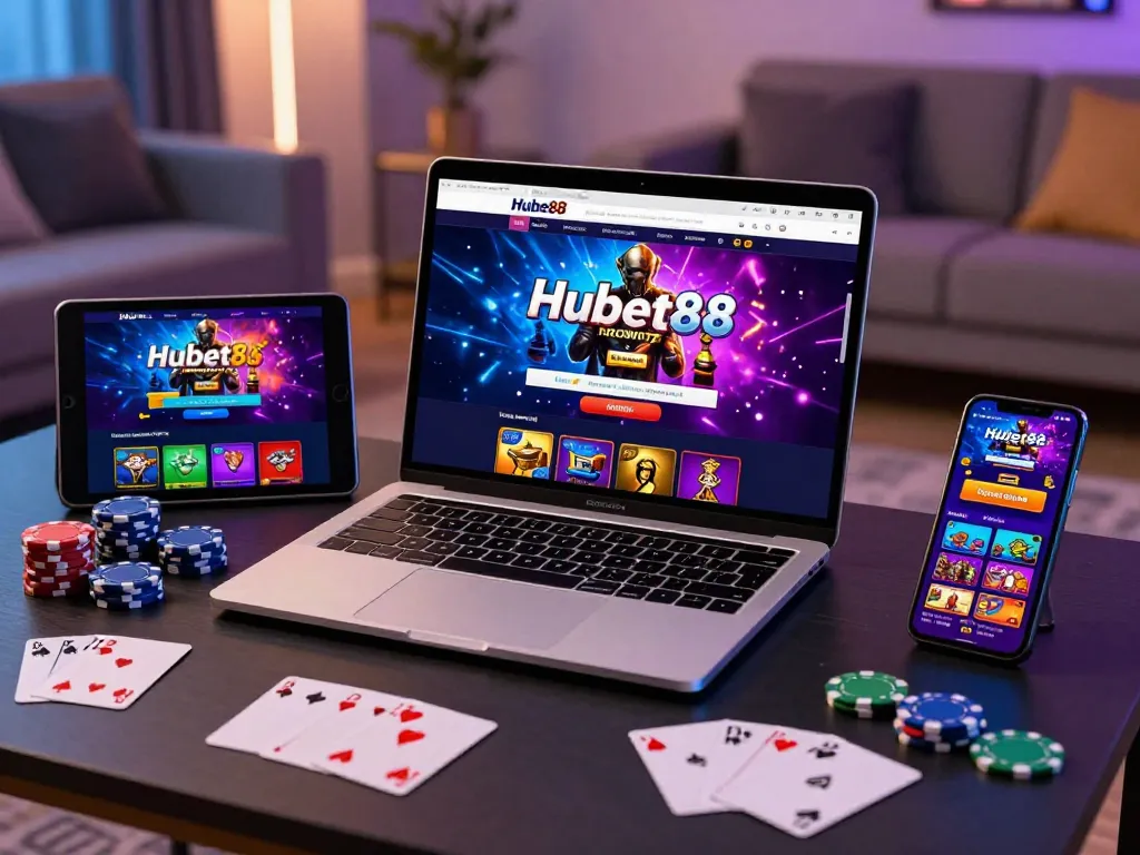 Link vào hubet88 online gaming interface with laptop, tablet, and chips in a vibrant living room
