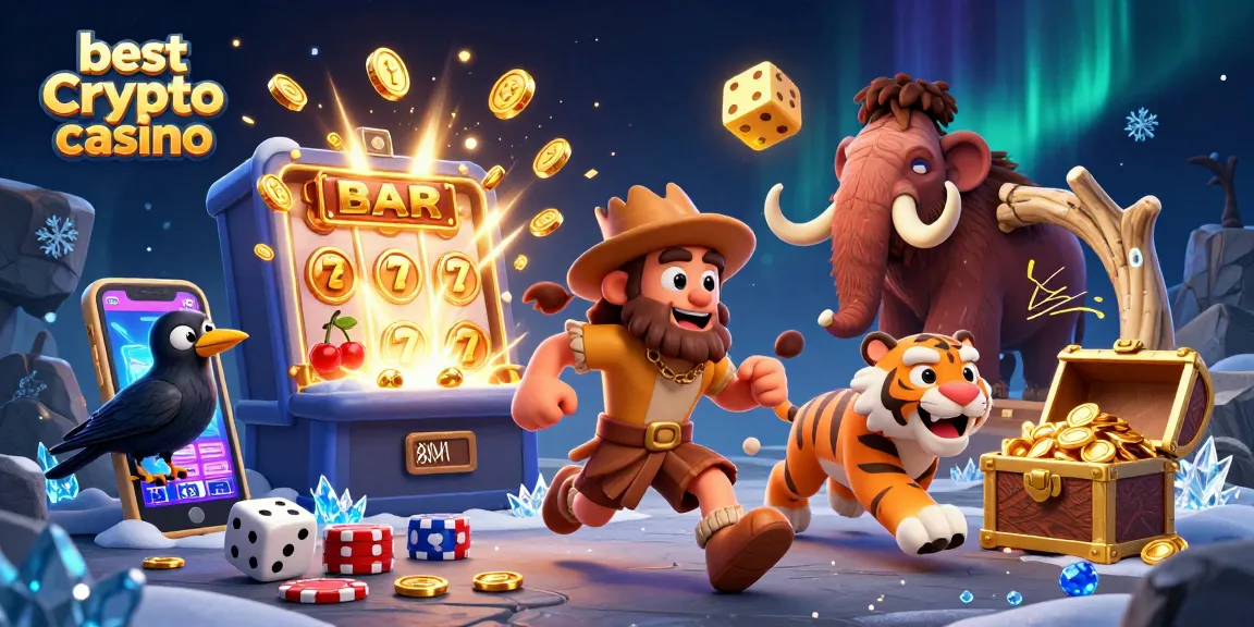 Meilleur crypto casino avec un duo de caveman et tigre à dents de sabre jouant avec des éléments de jeu antiques.