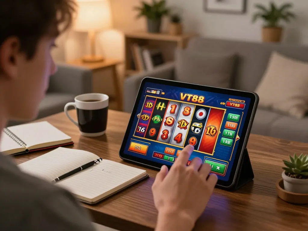 Experience engaging VT88 casino games on a tablet in a cozy home atmosphere.