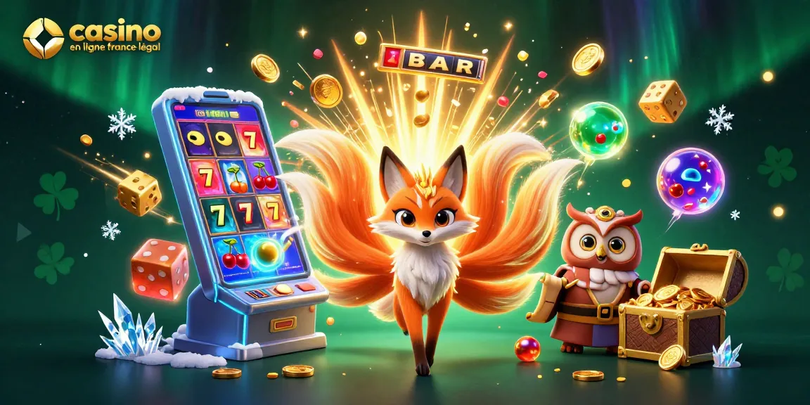 Explorez un casino en ligne légal en France avec une illustration dynamique d'un esprit renard, une chouette sage et des éléments de jeux.