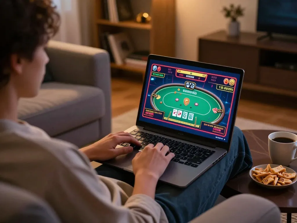 Engaging online gaming at home with kp88 on laptop, showcasing poker game and cozy atmosphere