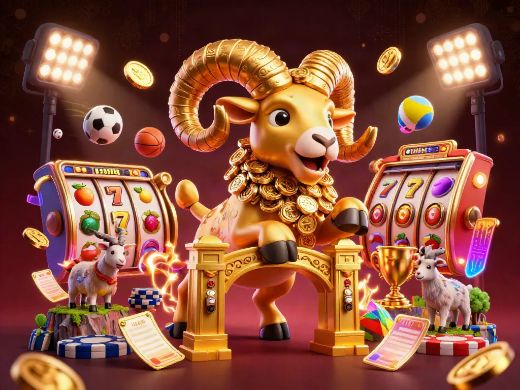 Exciting casino scene featuring a golden ram charging through slot reels and trophies amid vibrant game elements.