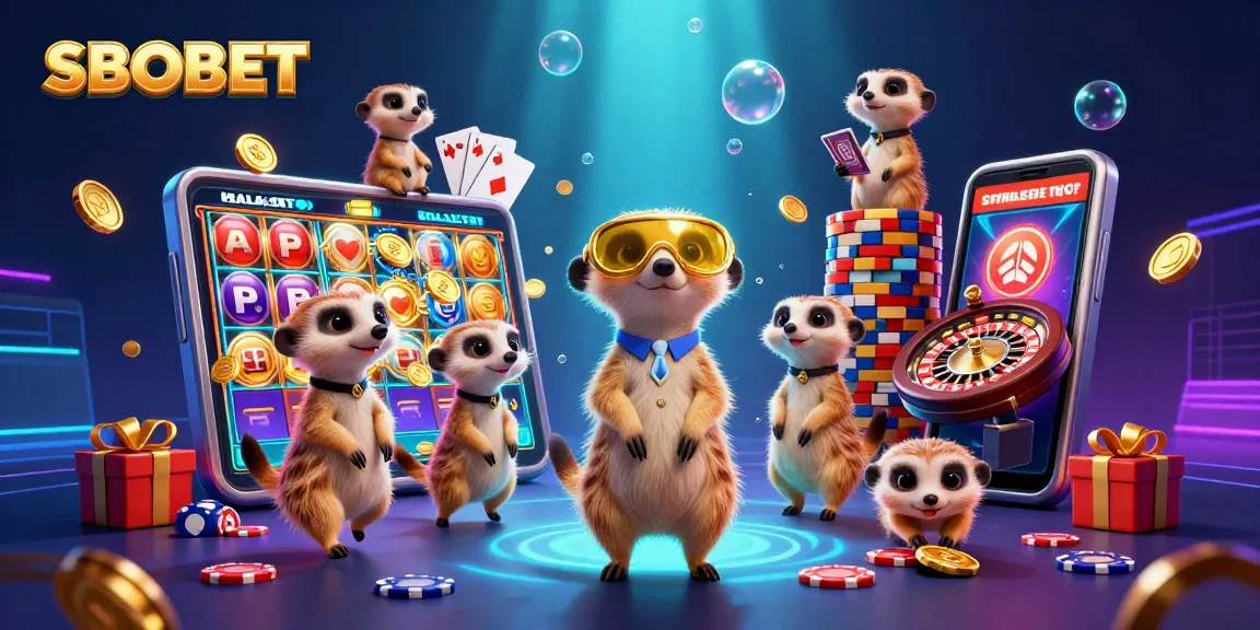 Engaging action scene showcasing SBOBET meerkats executing a lively casino operation with rich casino elements.