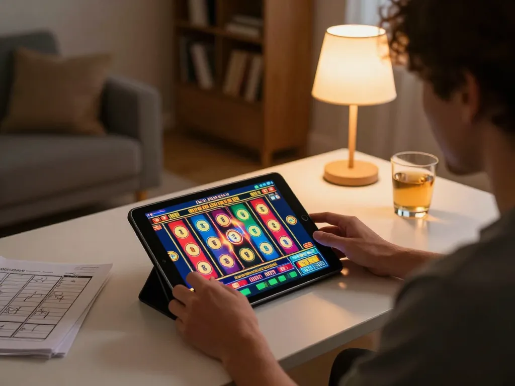 Player enjoying an online slot game on a tablet in a cozy home setting, highlighting engagement