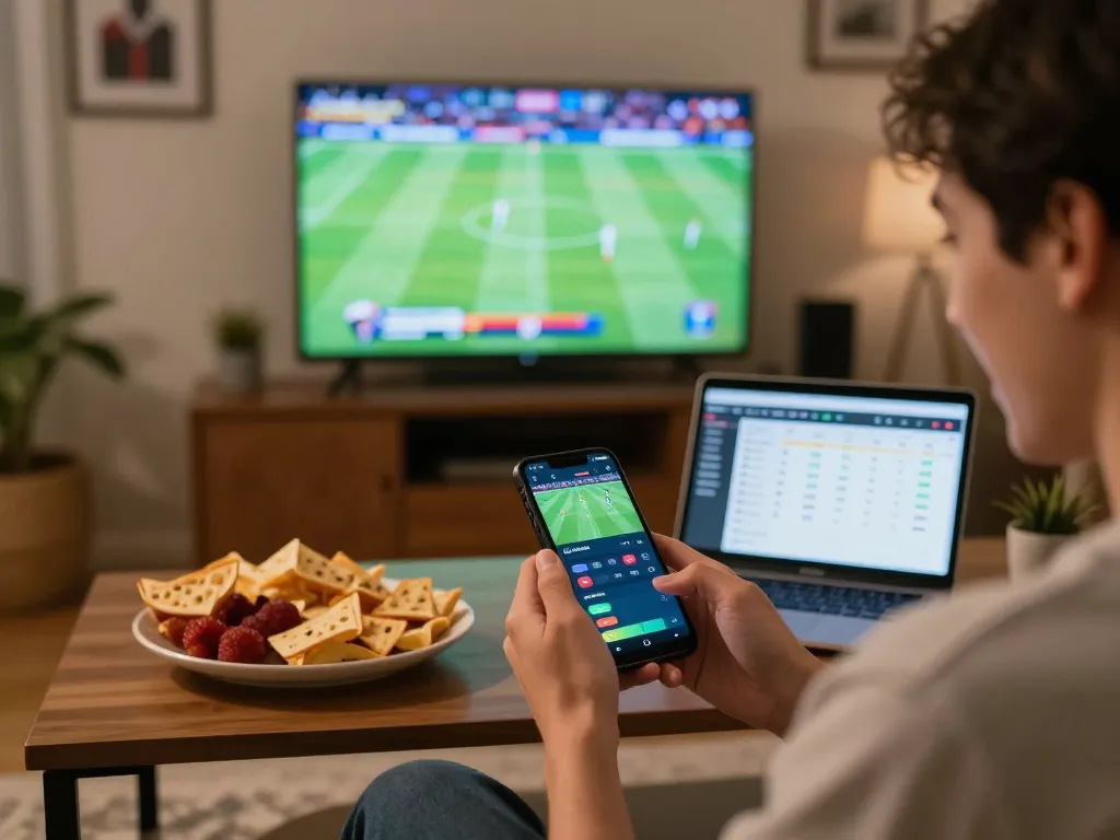 Nyalabet user actively places bets on sports matches via smartphone, showcasing home betting atmosphere.
