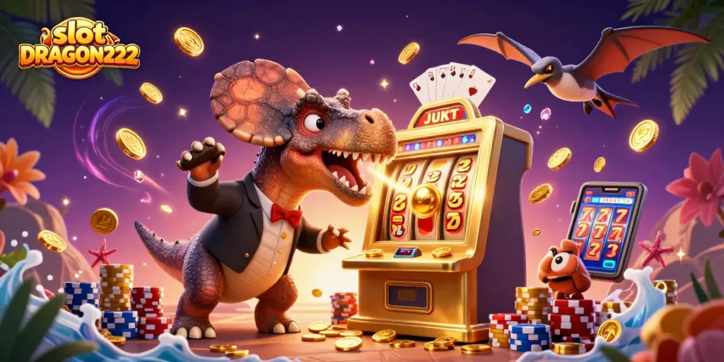 Experience the excitement of slot DRAGON222 with a jackpot scene featuring dynamic casino elements and vibrant characters.