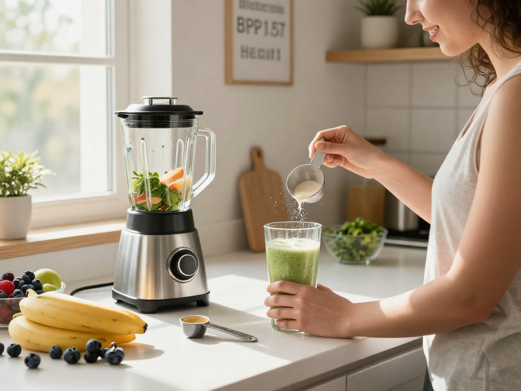 Individual blending smoothie enriched with BPC 157 benefits in a modern kitchen.