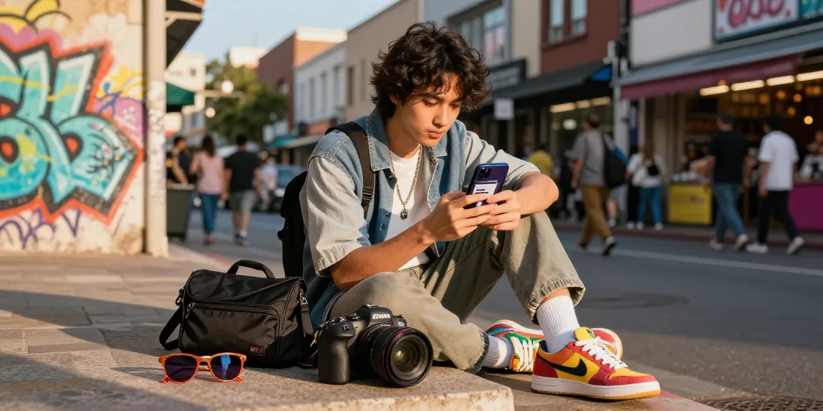 Stylish shopper engaging with rokok88 products on smartphone in urban setting.
