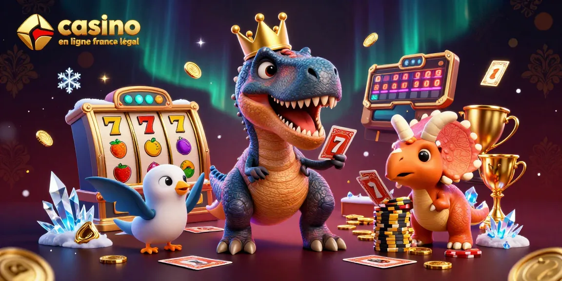Illustration 3D animée d'un T-Rex jouant aux cartes dans un casino en ligne France légal.