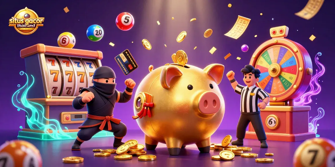 Situs gacor thailand features an animated golden piggy bank sumo wrestler amidst a colorful, exciting casino scene showcasing lucky symbols and dynamic elements.