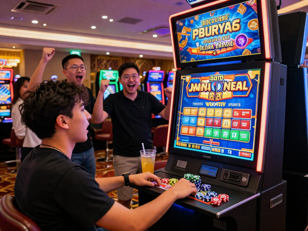 Player enjoying buy feature slots in an energetic casino gaming environment.