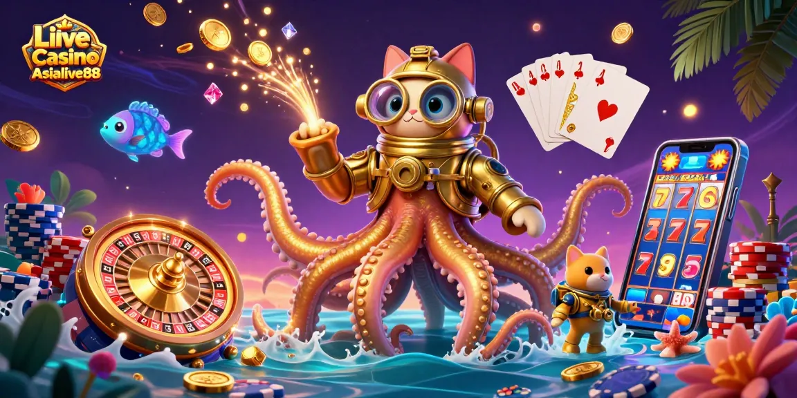 Engage in thrilling gameplay with Link Live Casino Asialive88 featuring a kraken and diving cat.