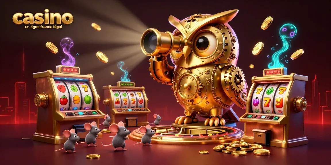 Plongez dans l'univers du casino en ligne France légal avec cette illustration fascinante d'un hibou doré et ses amis autour des machines à sous.