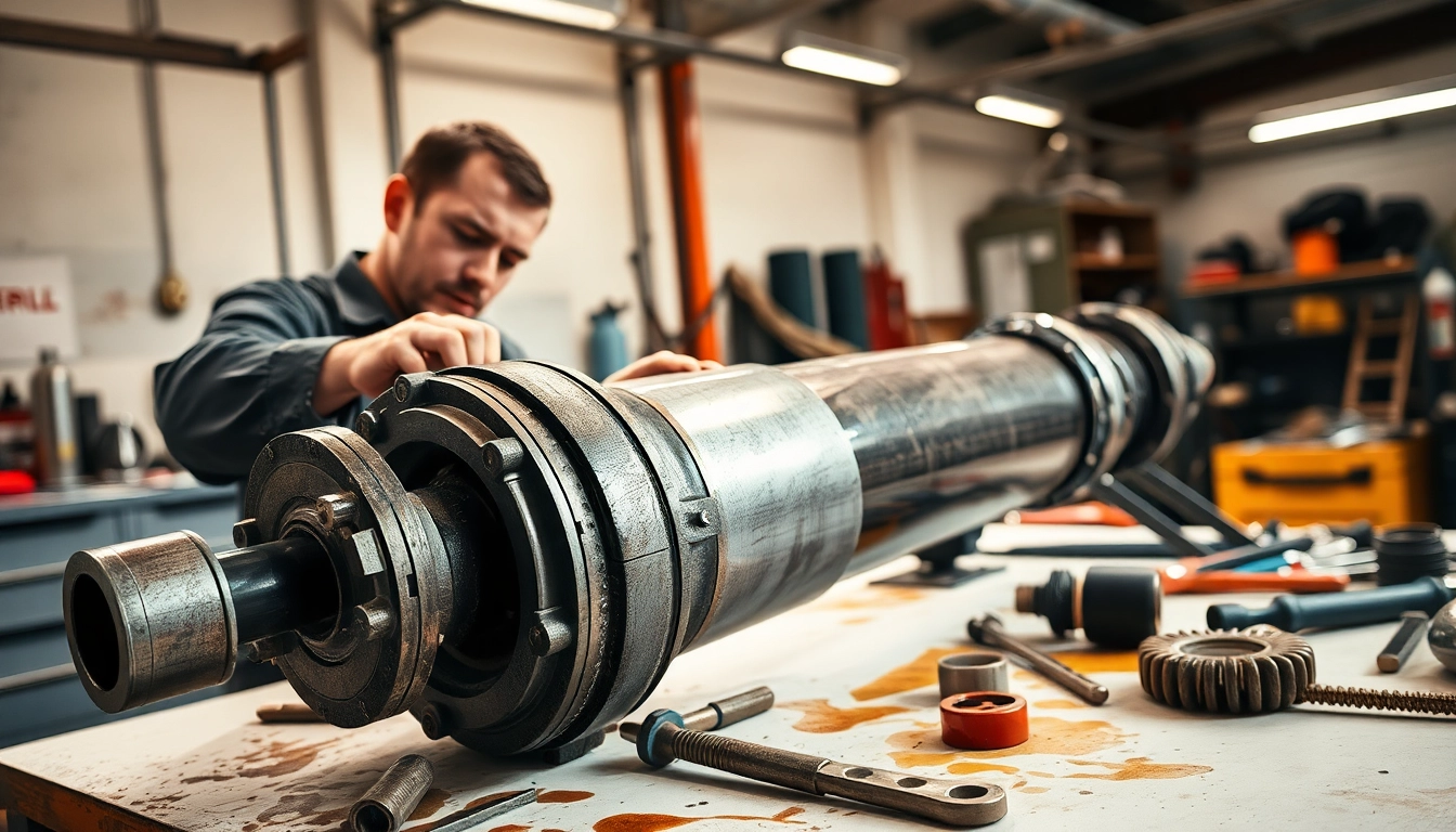 Expert performing hydraulic cylinder repair in a workshop with professional tools and parts.